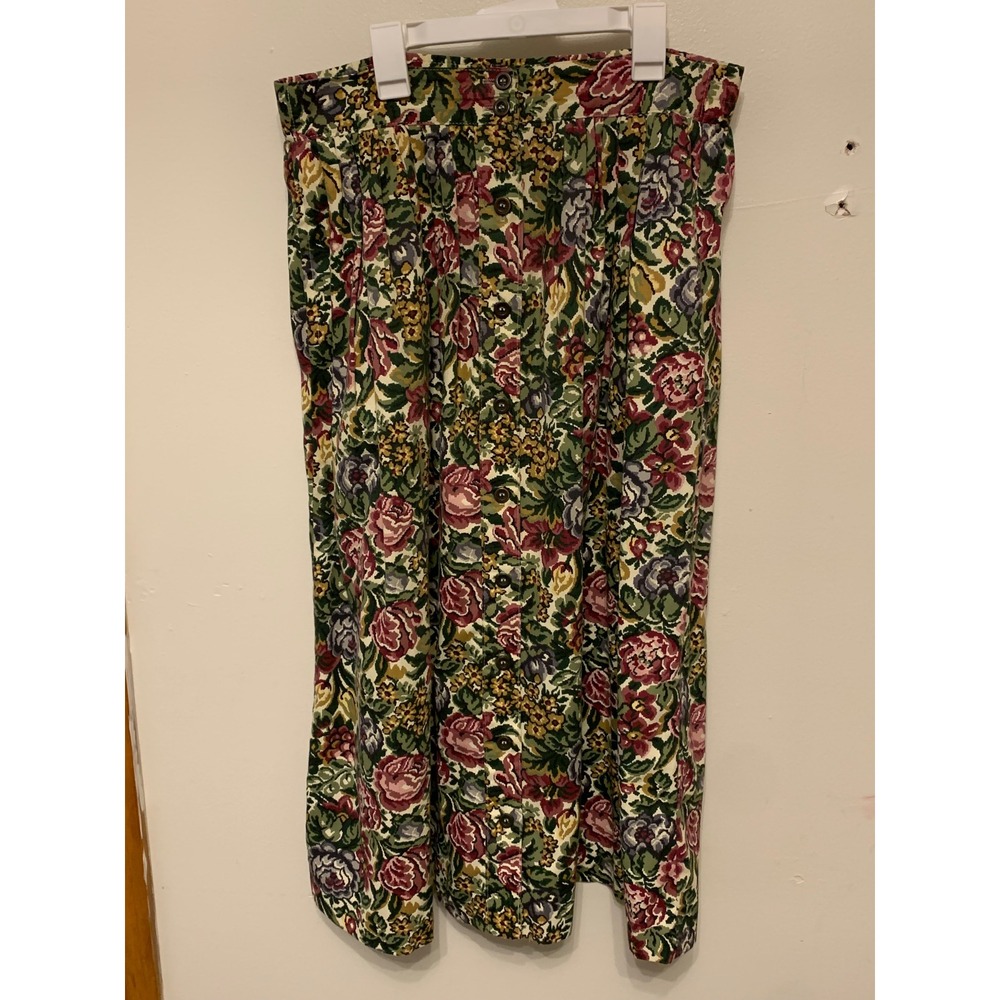 Jantzen Vintage Floral Midi Skirt Button Front Pleated Waist Size 10